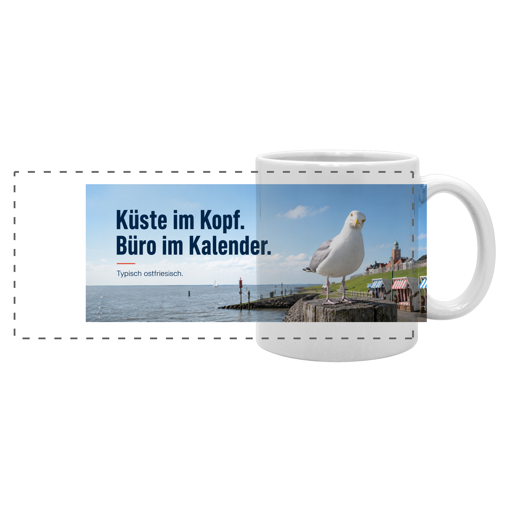 Tasse: Küste im Kopf. Büro im Kalender.