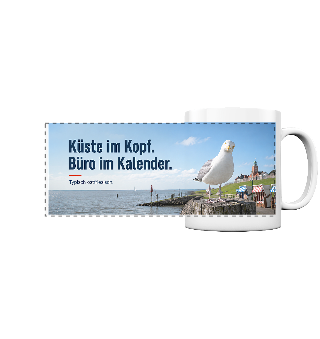 Tasse: Küste im Kopf. Büro im Kalender.